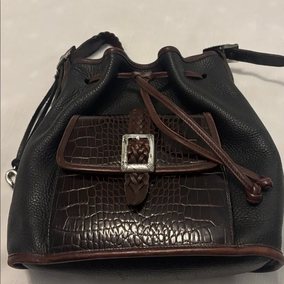 VTG Brighton Black & Brown silver Bucket Bag Crocodile print pebbled leather 90s - Picture 2 of 15